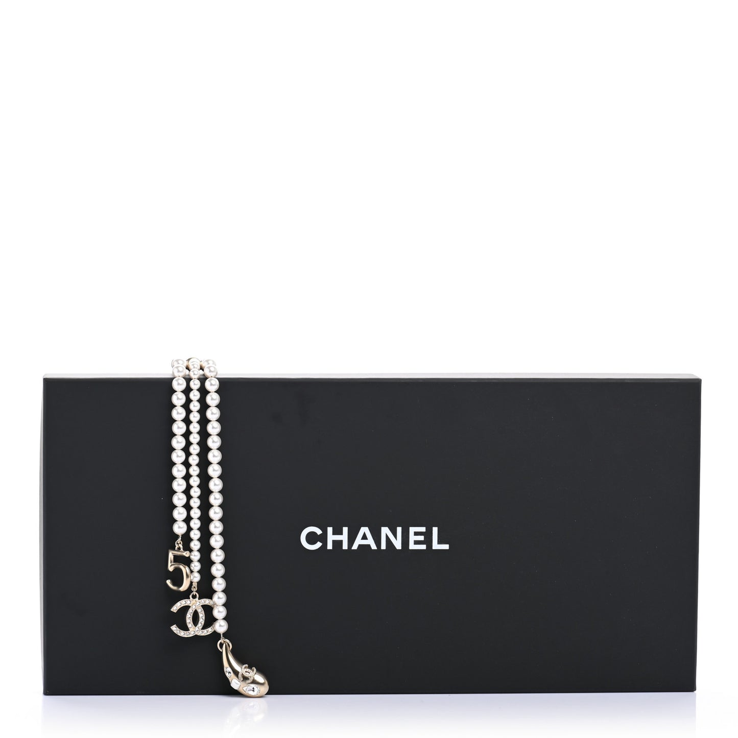 Pearl Beaded CC Charm Drop Multi Strand Lariat Necklace Pearly White Gold