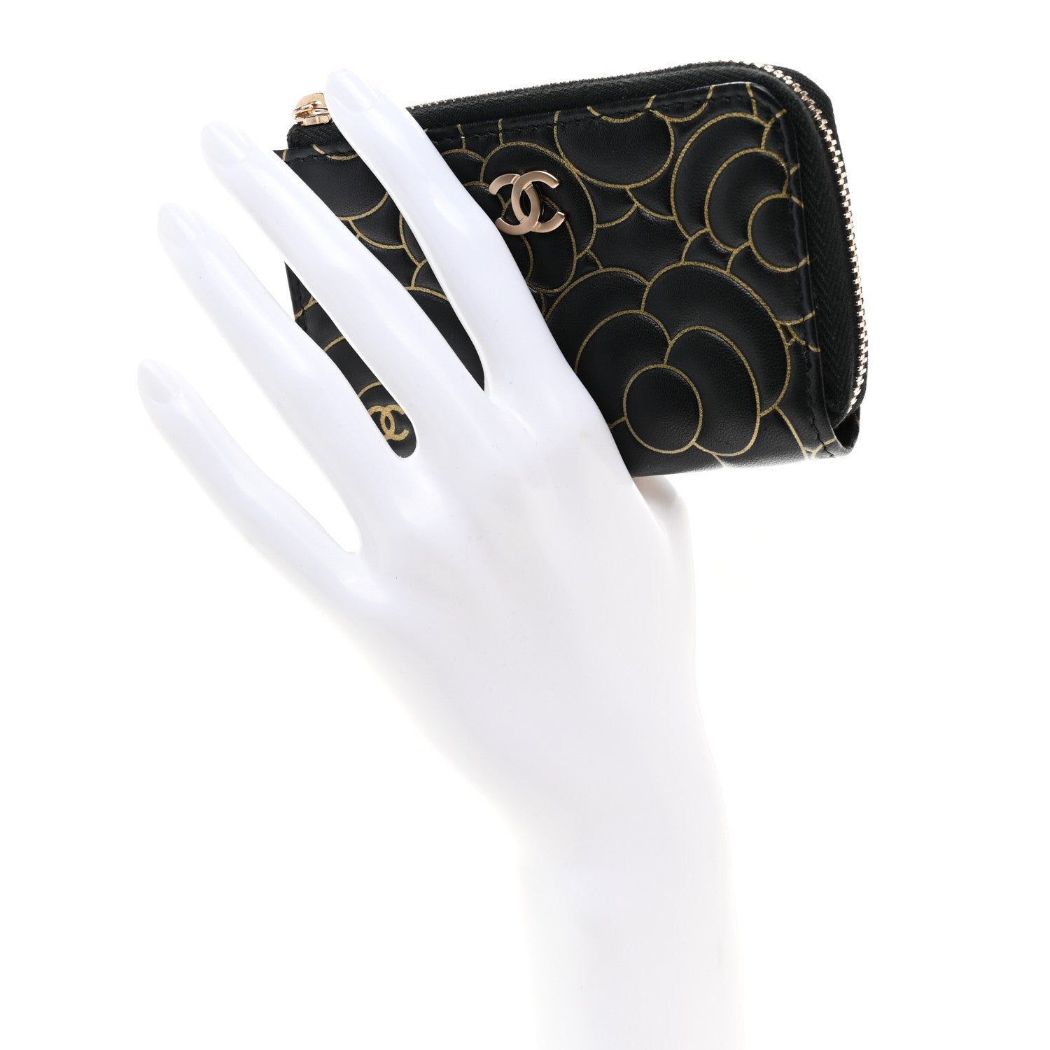 Chanel Lambskin Camellia Embossed Key Holder Case Black Gold 2 of 7