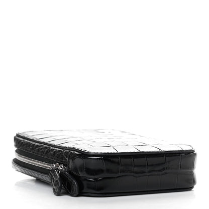 Balenciaga Shiny Calfskin Logo Crocodile Embossed Cash Phone Holder Bag Black White 3 of 4