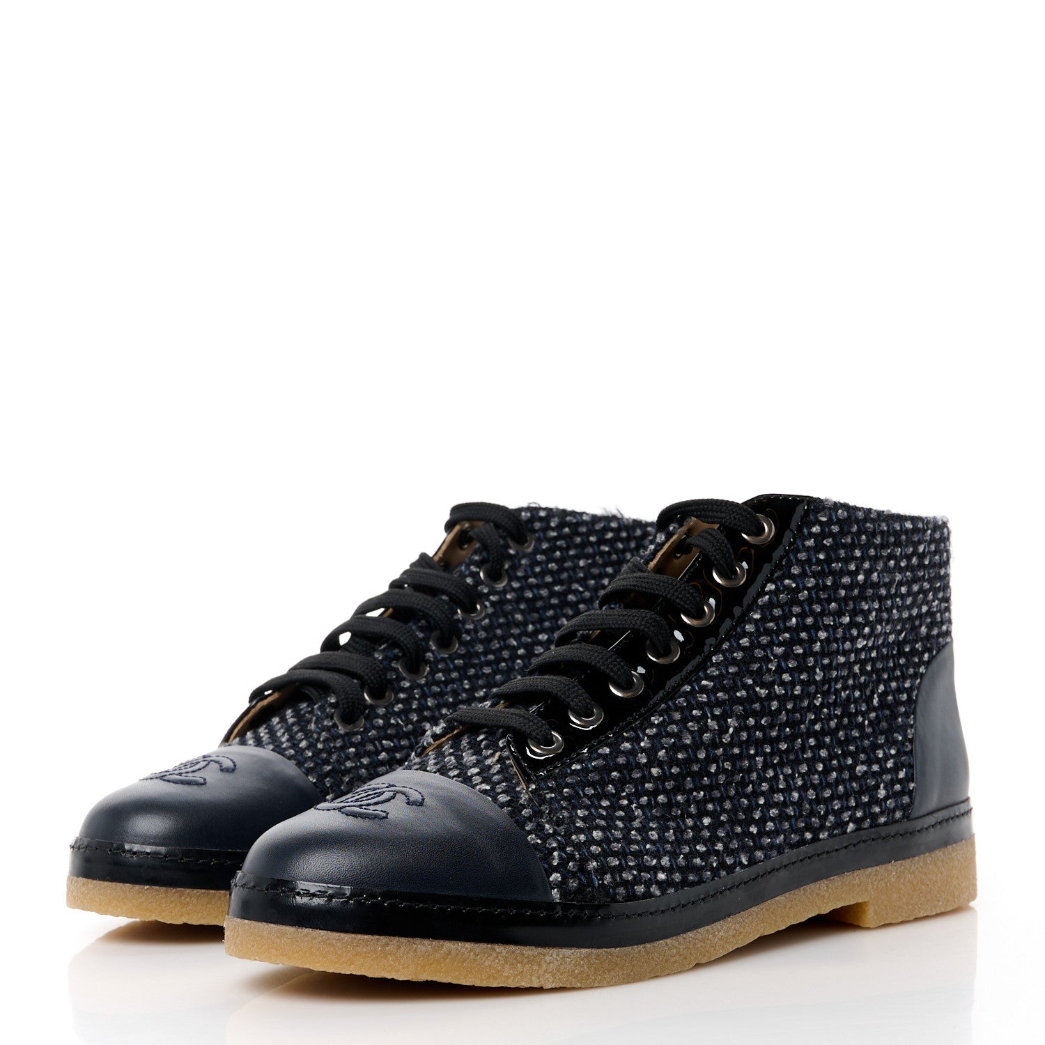 Chanel Tweed Calfskin Patent CC Lace Up Short Boots 38 Black Grey Dark Navy 3 of 9