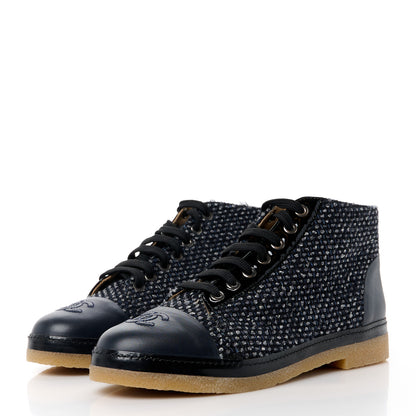 Chanel Tweed Calfskin Patent CC Lace Up Short Boots 38 Black Grey Dark Navy 3 of 9