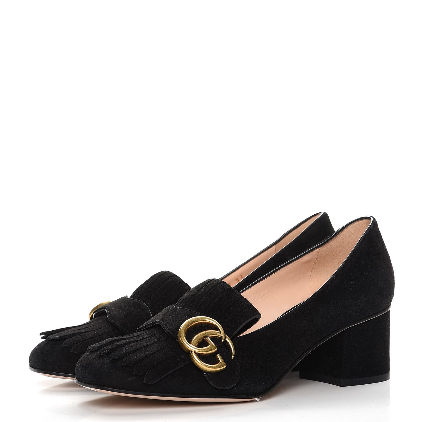 Kid Scamosciato GG Marmont Fringe 50mm Loafer Pumps 37 Black