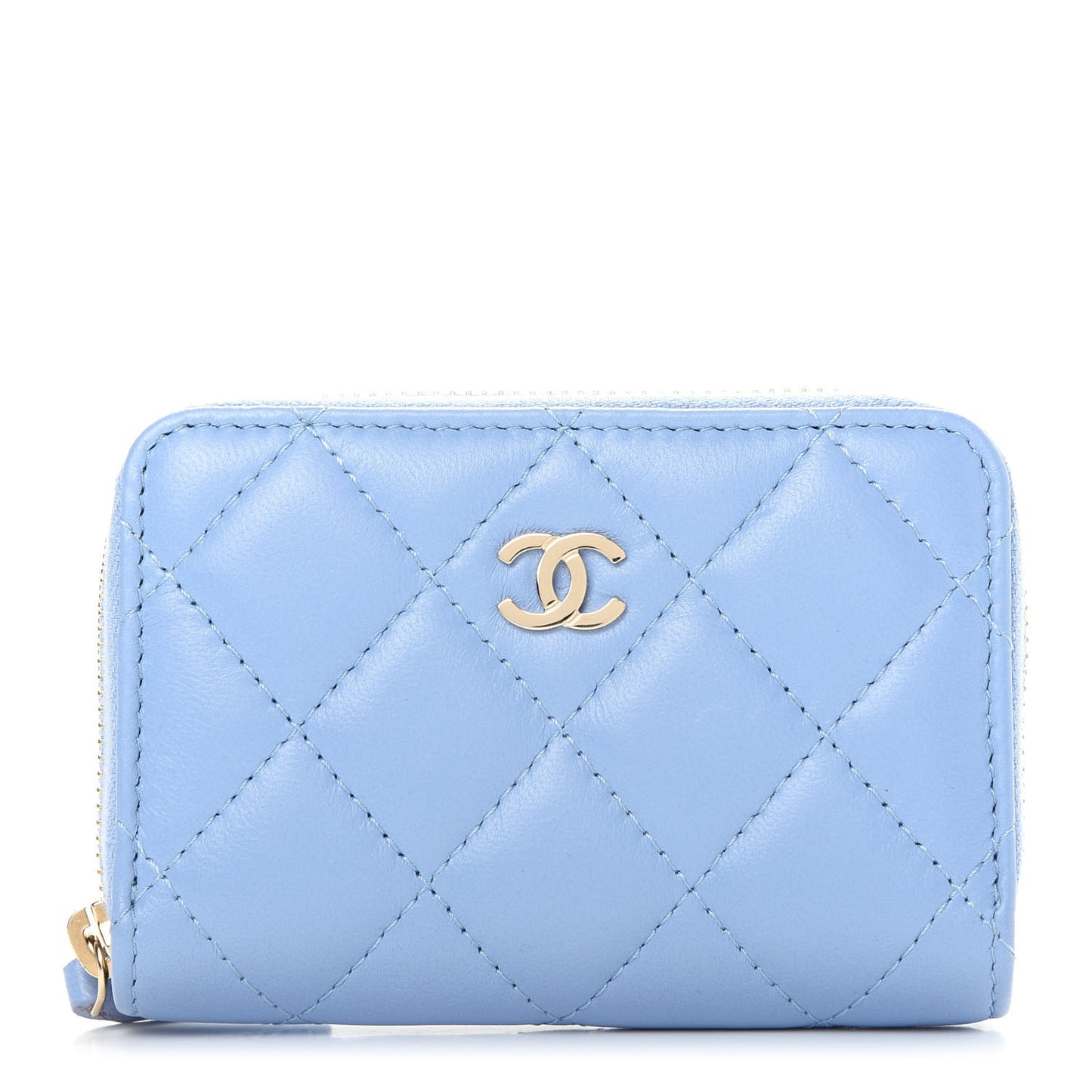 Lambskin Quilted Zip Around Coin Purse Wallet Light Blue