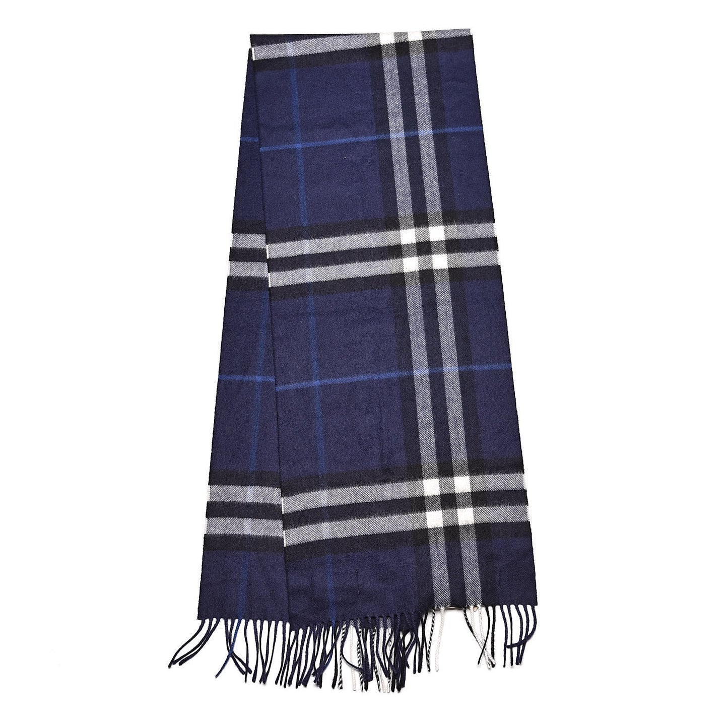 Cashmere Giant Check Fringe Scarf Blue