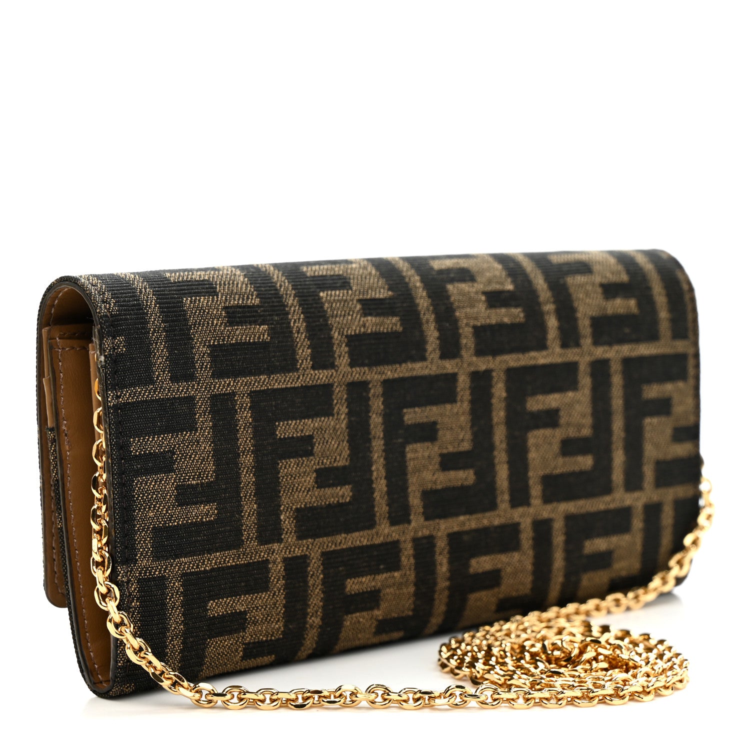 Fendi Fabric Jacquard FF 1974 Continental Wallet On Chain Tobacco Moro 3 of 10