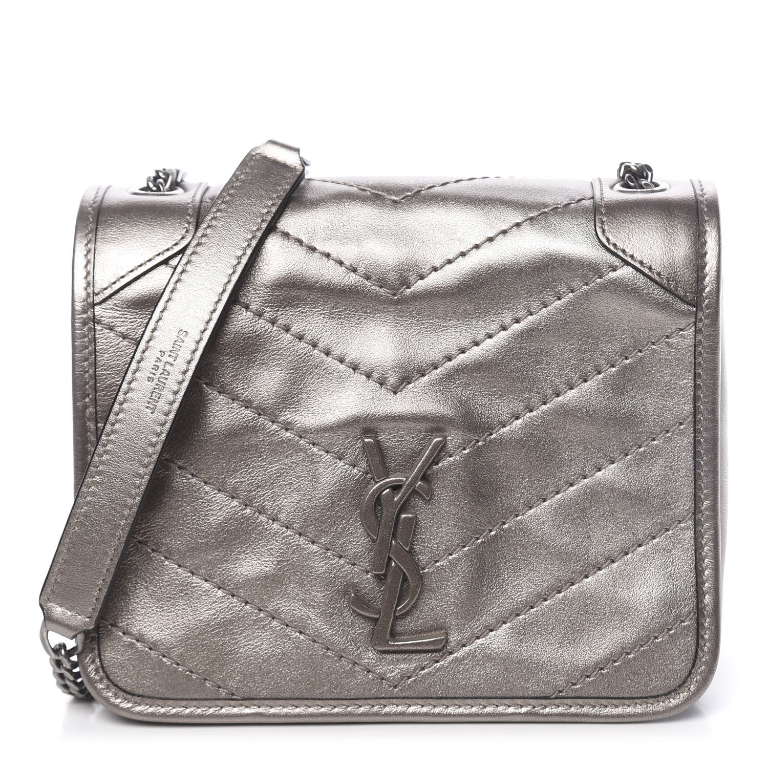 Saint Laurent Metallic Calfskin Matelasse Monogram Niki Chain Wallet Platinum 1 of 9
