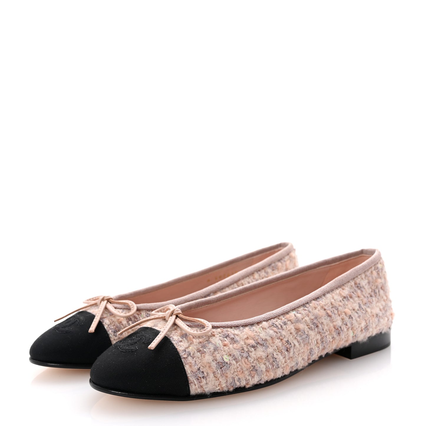 Glittered Tweed Grosgrain Cap Toe CC Ballerina Flats 36.5 Light Pink Beige Ecru Black