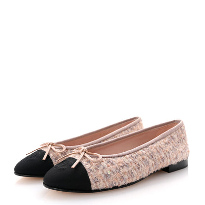Chanel Glittered Tweed Grosgrain Cap Toe CC Ballerina Flats 36.5 Light Pink Beige Ecru Black 4 of 9