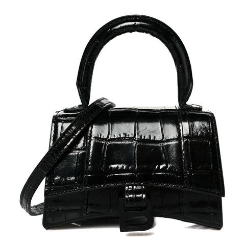 Shiny Calfskin Monochrome Crocodile Embossed Hourglass Top Handle Bag Mini Black