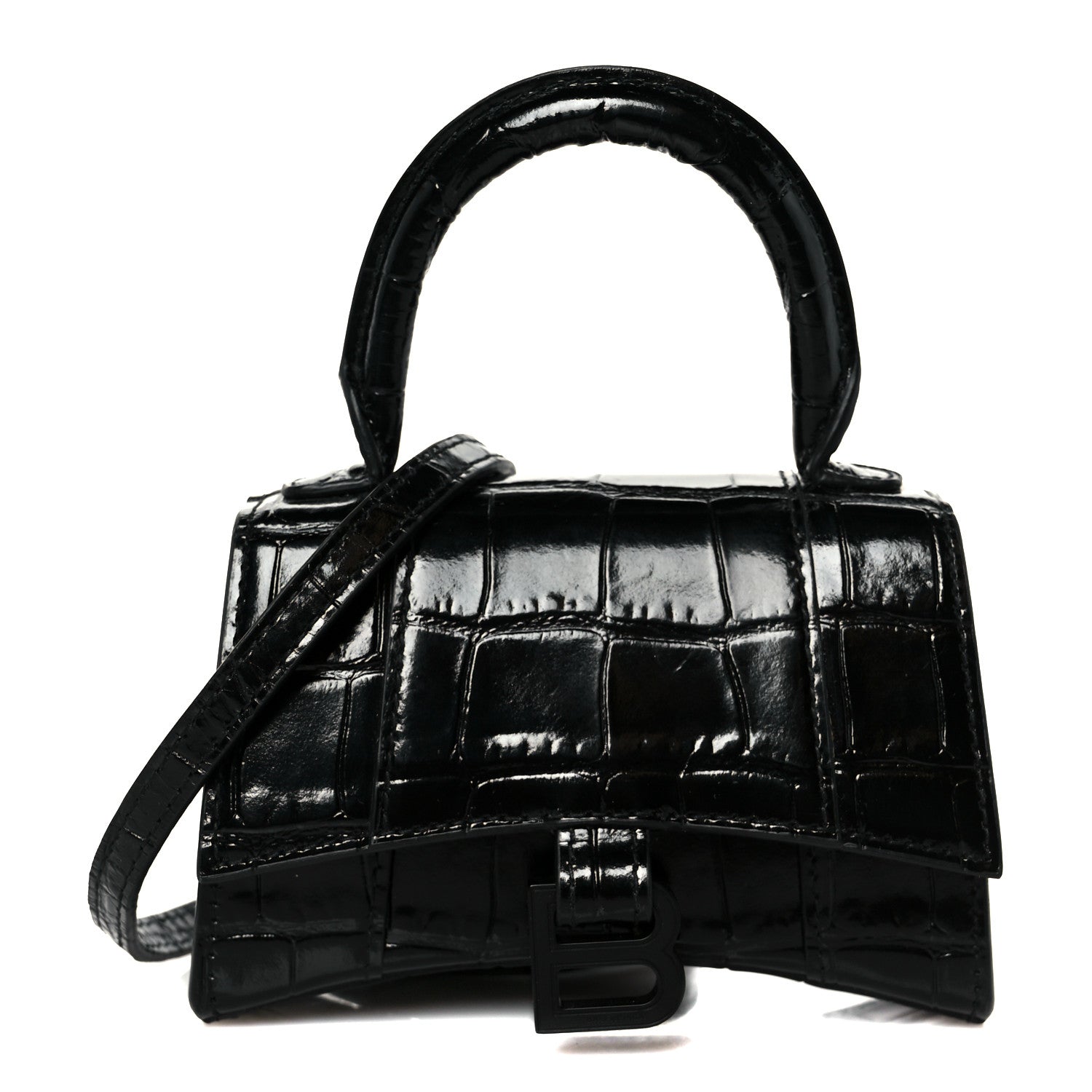 Balenciaga Shiny Calfskin Monochrome Crocodile Embossed Hourglass Top Handle Bag Mini Black 1 of 10