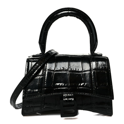 Balenciaga Shiny Calfskin Monochrome Crocodile Embossed Hourglass Top Handle Bag Mini Black 1 of 10