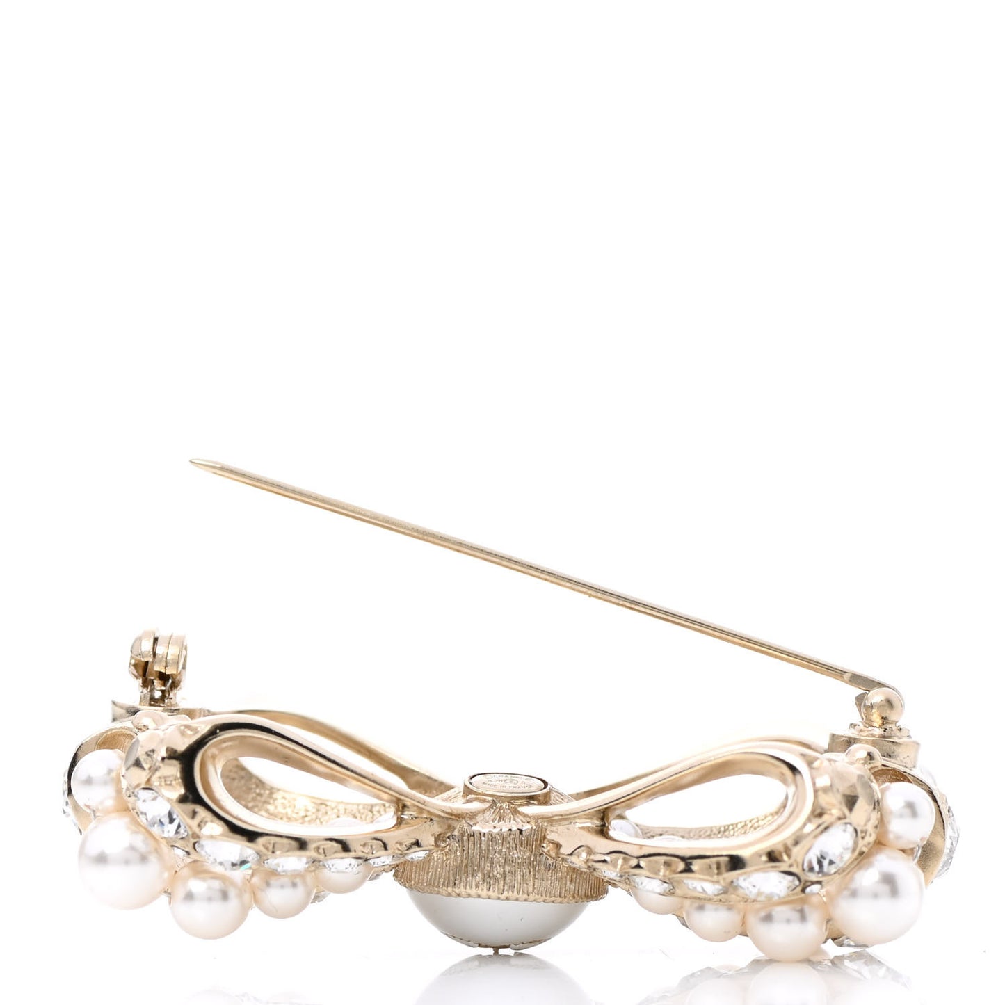 Metal Crystal Pearl CC Bow Brooch Gold