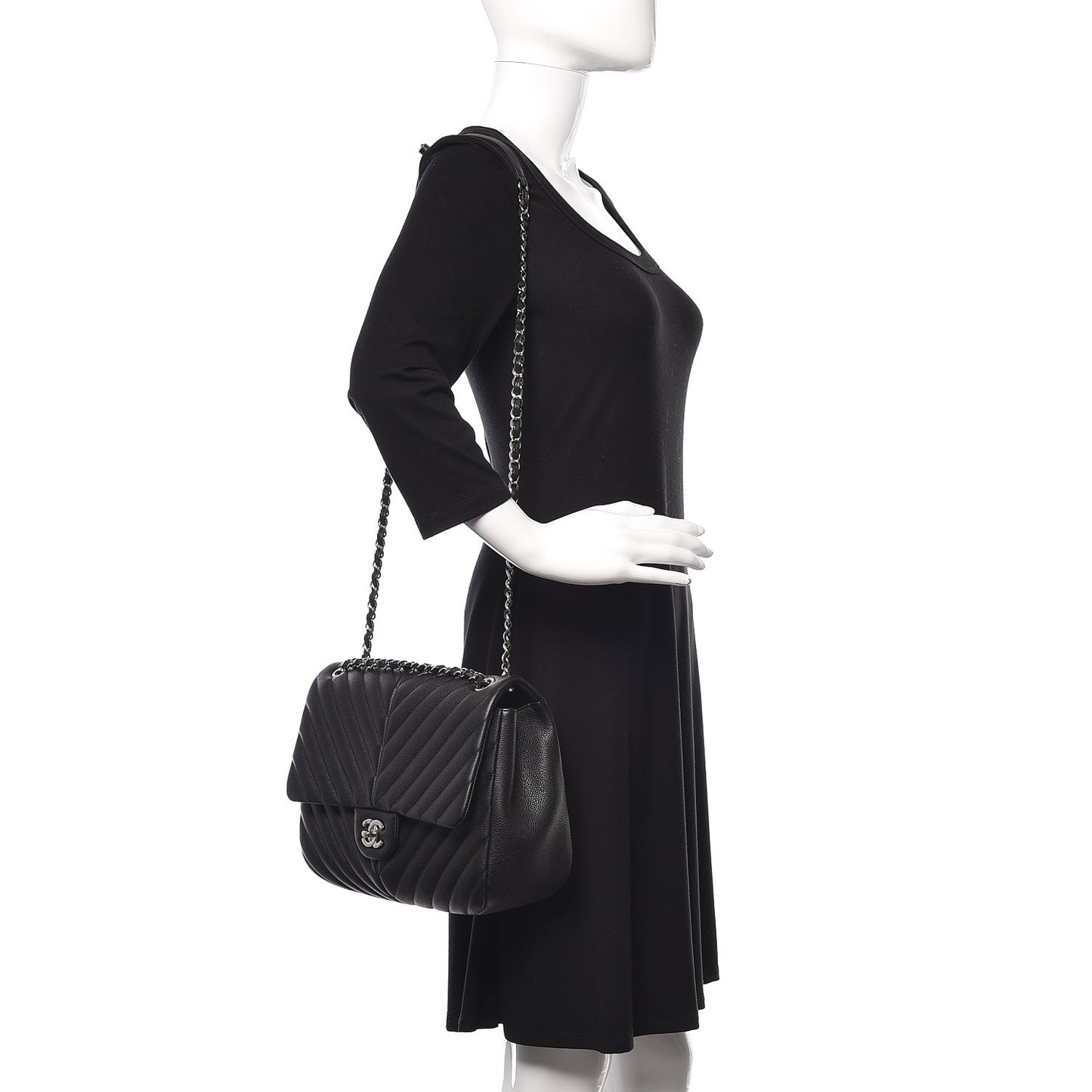 Caviar Chevron Quilted Large Puffy CC Flap Black