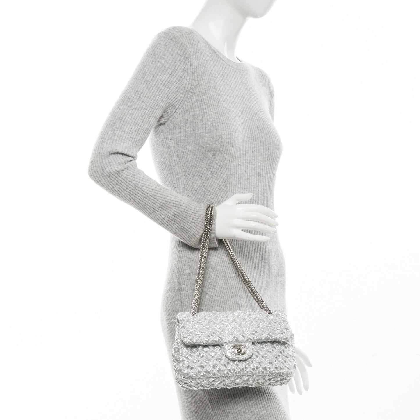 Metallic Lame Quilted Small Double Flap Silver