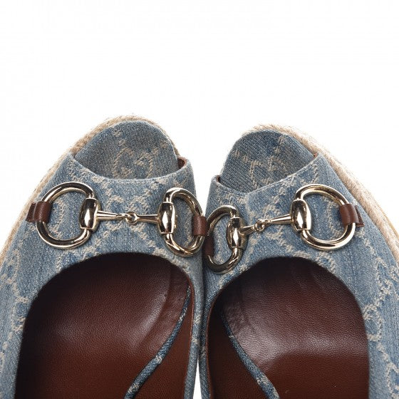 Gucci Denim Monogram Horsebit Open Toe Espadrille Wedges 39.5 Blue 10 of 15
