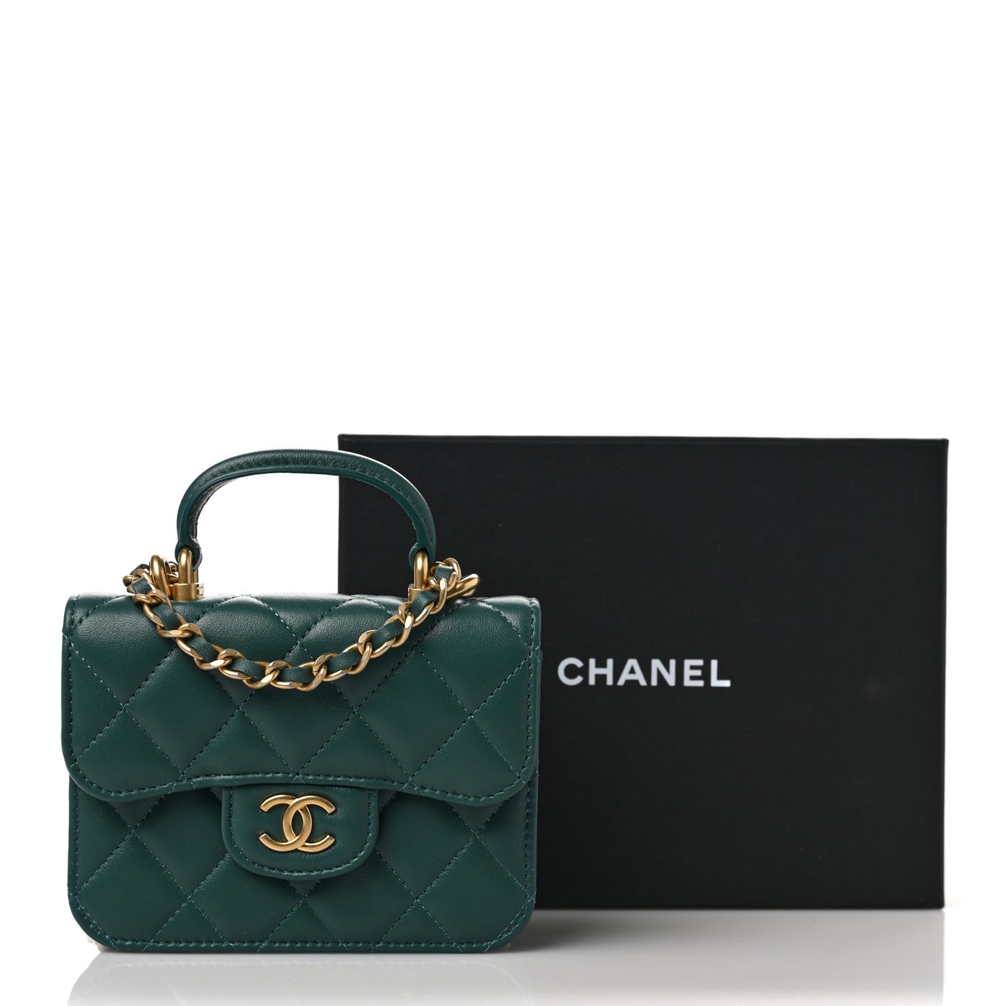 Lambskin Quilted Top Handle Flap Coin Purse With Chain Green