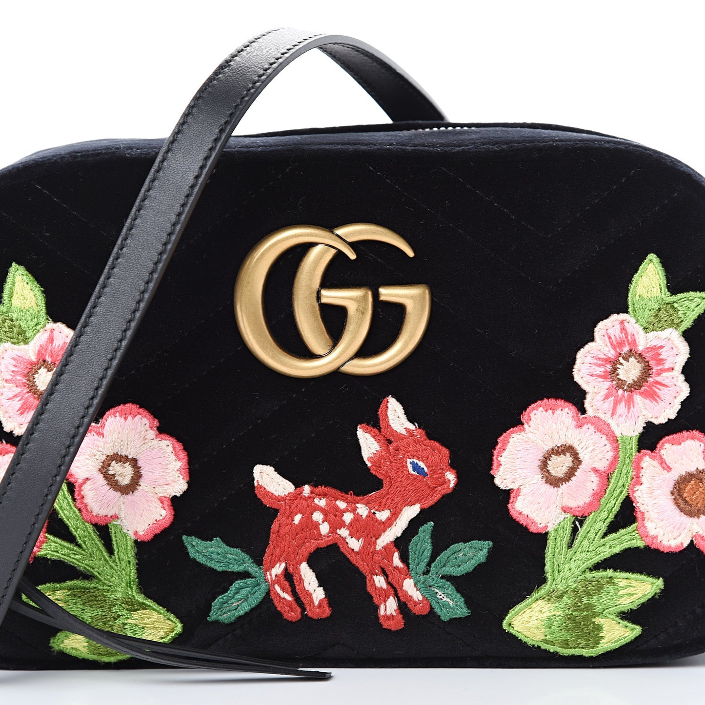 Velvet Matelasse Deer Embroidered Small GG Marmont Chain Shoulder Bag Black