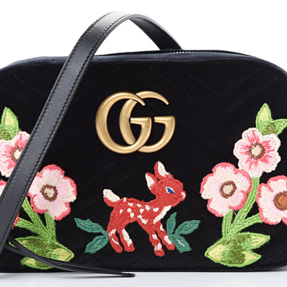 Gucci Velvet Matelasse Deer Embroidered Small GG Marmont Chain Shoulder Bag Black 7 of 10