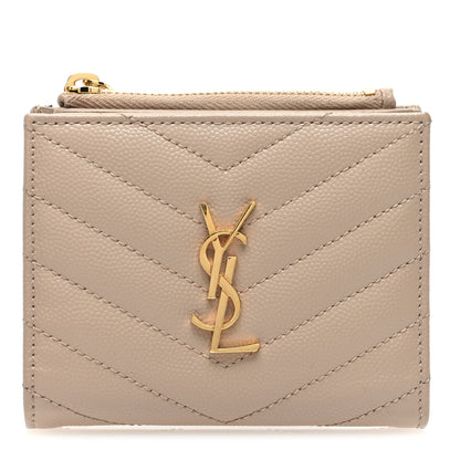 Saint Laurent Grain De Poudre Matelasse Chevron Monogram Zipped Card Case Dark Beige 1 of 7