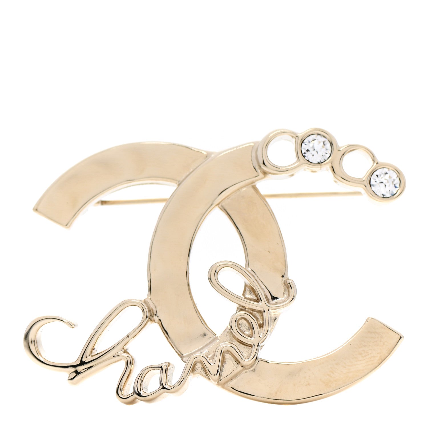 Chanel Metal Pearl Crystal Coco Script Brooch Light Gold 1 of 5