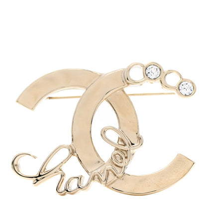 Chanel Metal Pearl Crystal Coco Script Brooch Light Gold 1 of 5