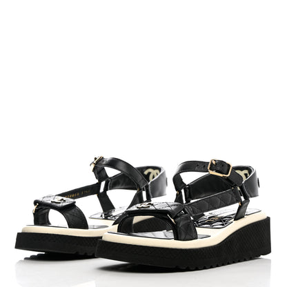 Chanel Lambskin Logo Platform Sandals 37.5 Black White 3 of 9