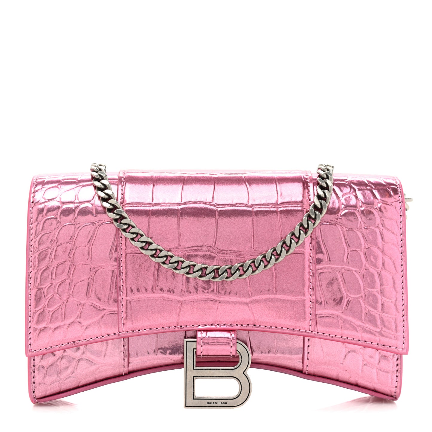 Metallic Shiny Calfskin Crocodile Embossed Hourglass Chain Bag Pink