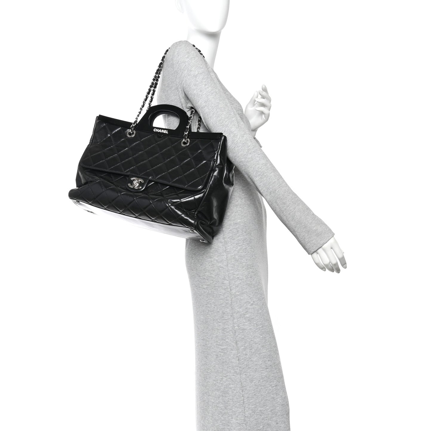 Glazed Calfskin Quilted Large CC Delivery Tote Black