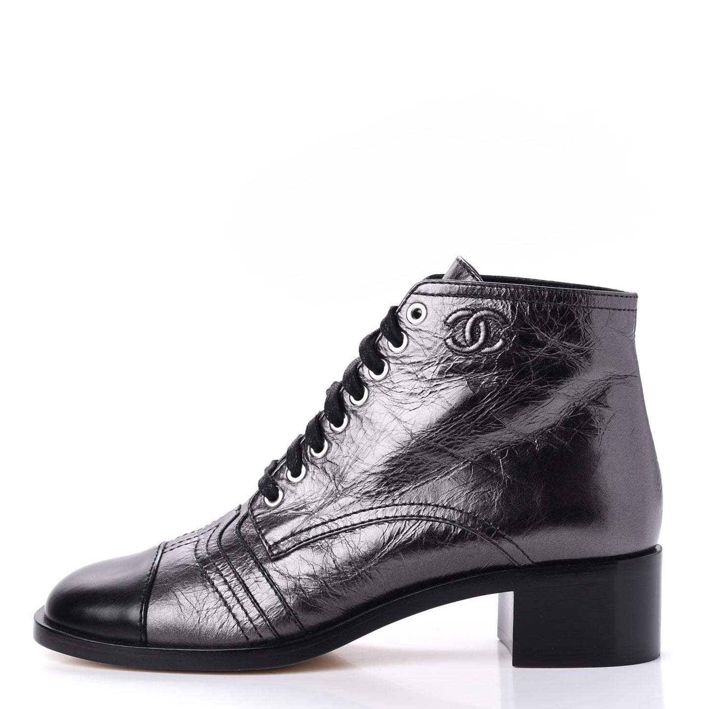 Metallic Calfskin CC Lace Up Boots 38.5 Silver Black