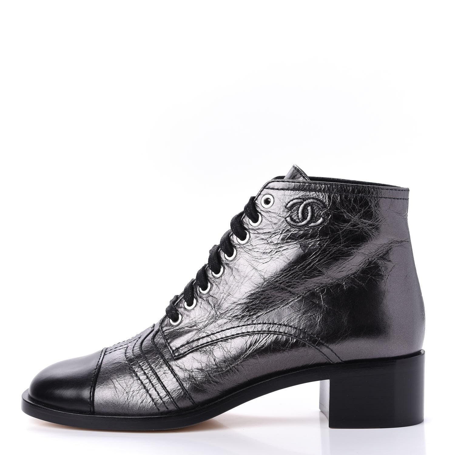 Chanel Metallic Calfskin CC Lace Up Boots 38.5 Silver Black 1 of 12