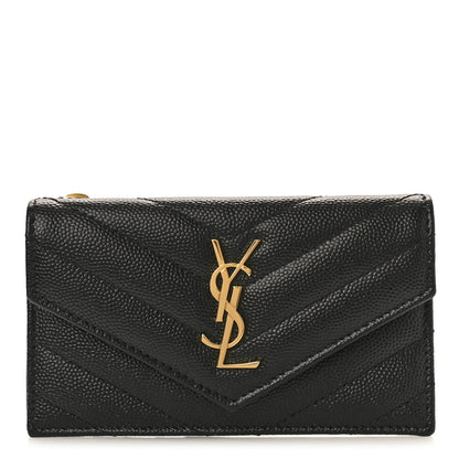 Saint Laurent Grain De Poudre Matelasse Chevron Monogram Compact Wallet Black 1 of 10