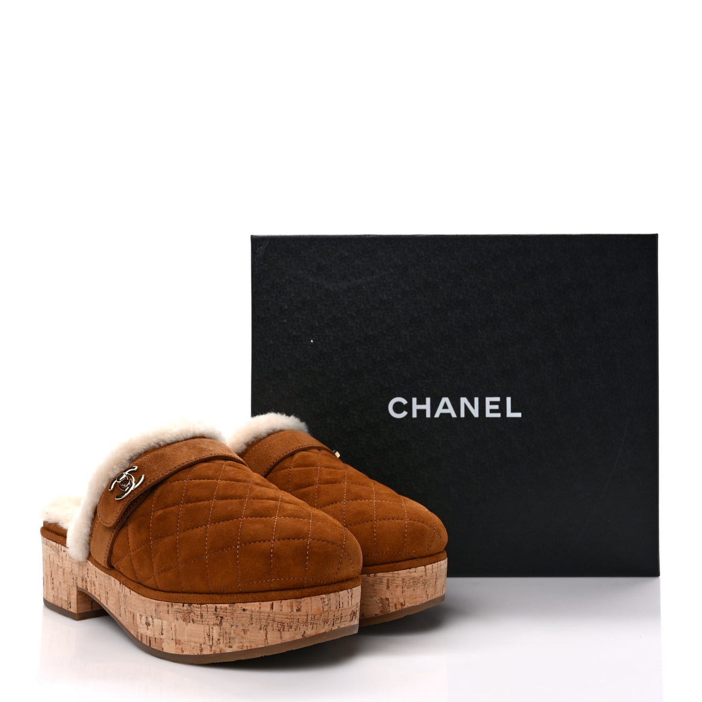 Suede Calfskin Shearling Turn Lock Clogs 39 Brown