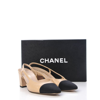 Chanel Goatskin Grosgrain Cap Toe CC Slingback Pumps 38 Beige Black 13 of 13
