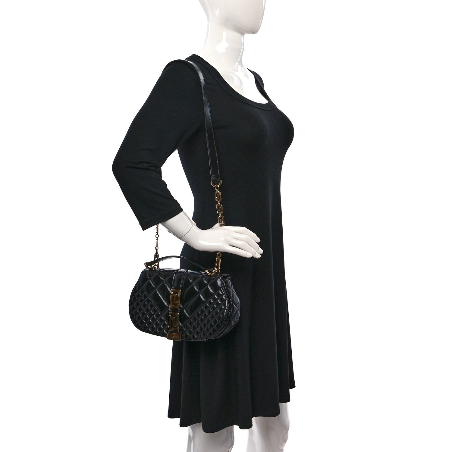 Versace Calfskin Quilted Greca Goddess Shoulder Bag Black 2 of 8