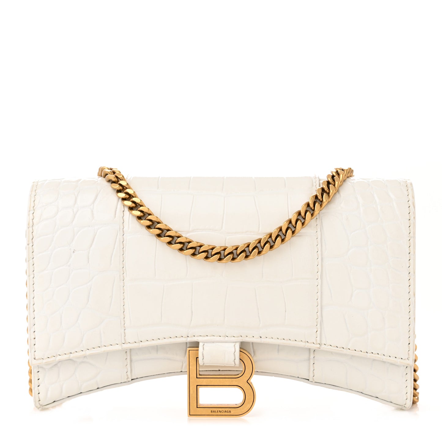 Shiny Calfskin Crocodile Embossed Hourglass Chain Bag White