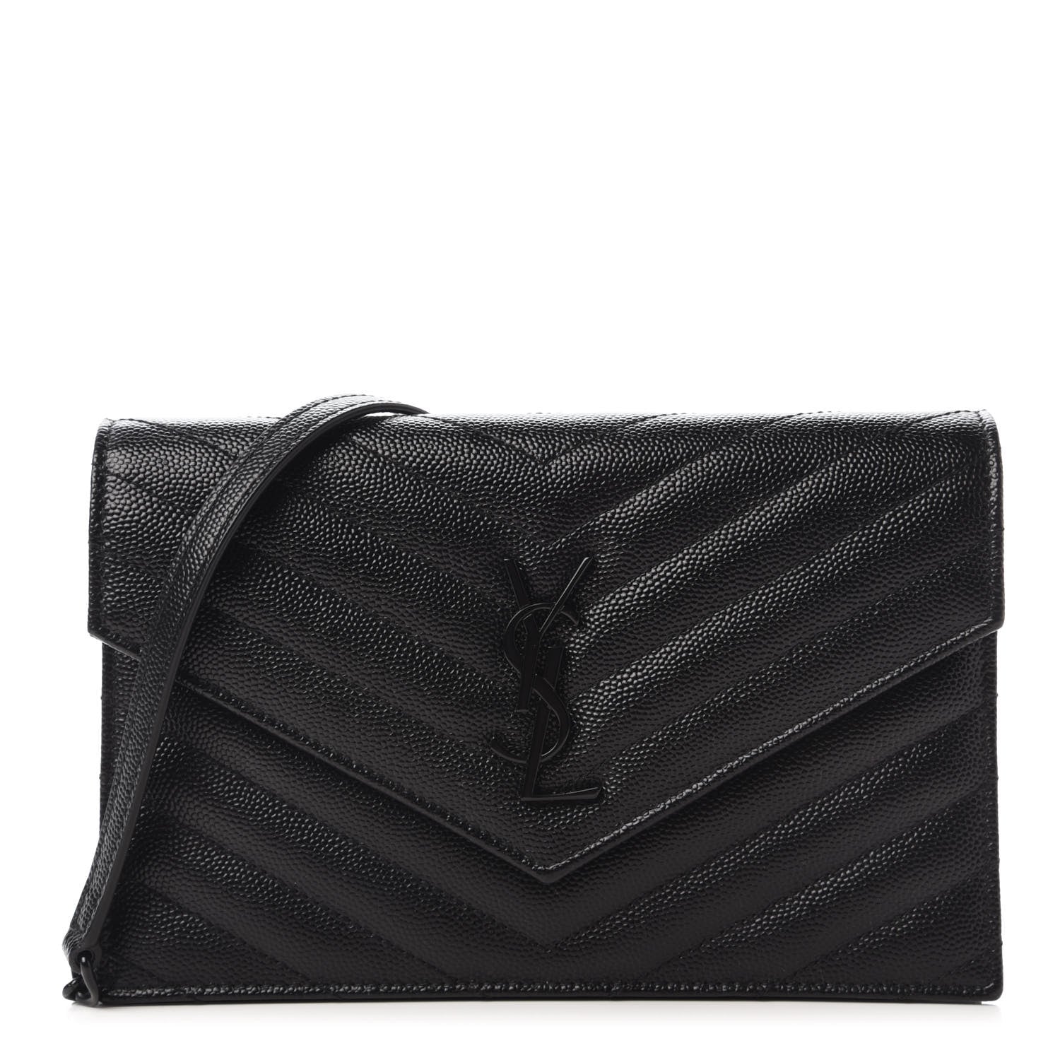 Saint Laurent Grain De Poudre Matelasse Chevron Monogram Envelope Chain Wallet Black 1 of 10