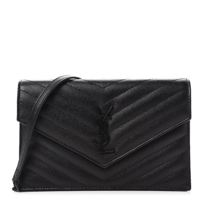 Saint Laurent Grain De Poudre Matelasse Chevron Monogram Envelope Chain Wallet Black 1 of 10