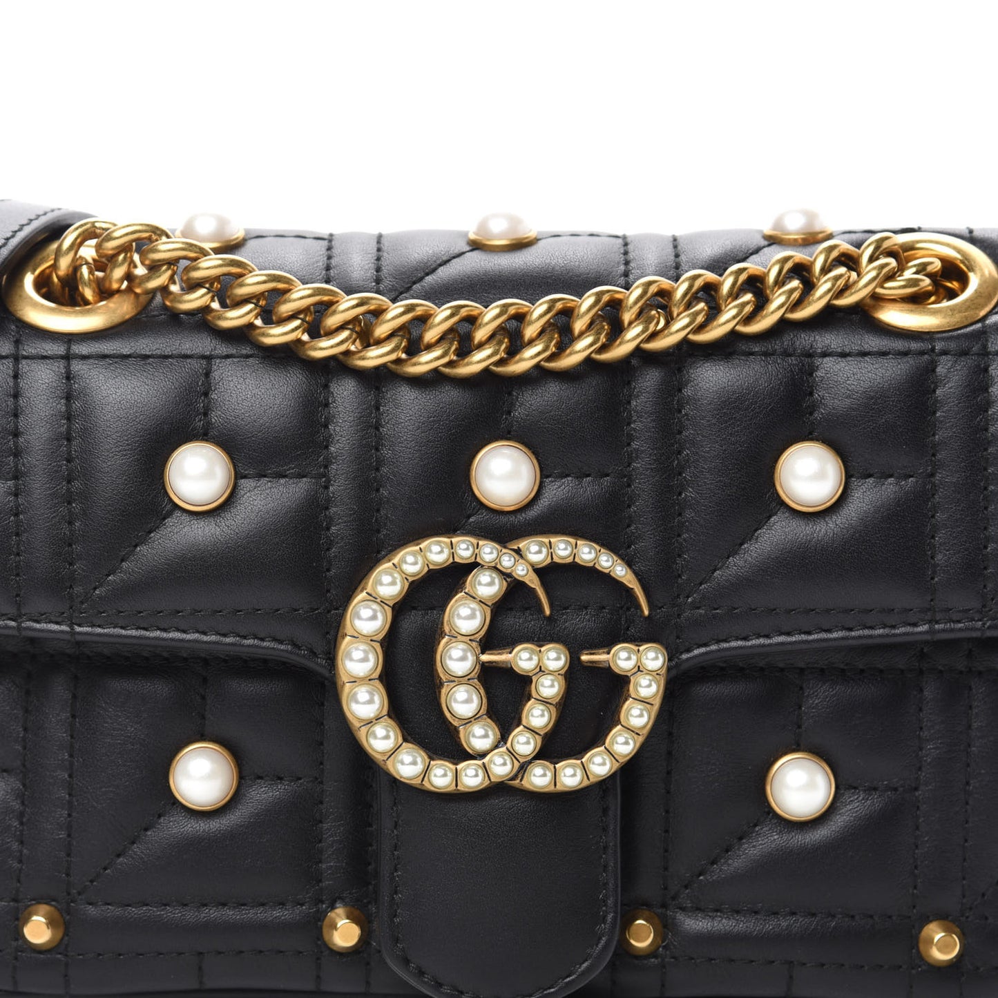Calfskin Matelasse Studded Mini Pearly GG Marmont Shoulder Bag Black