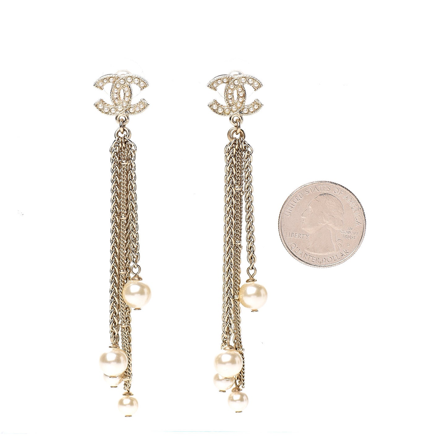 Pearl CC Chain Drop Earrings Gold