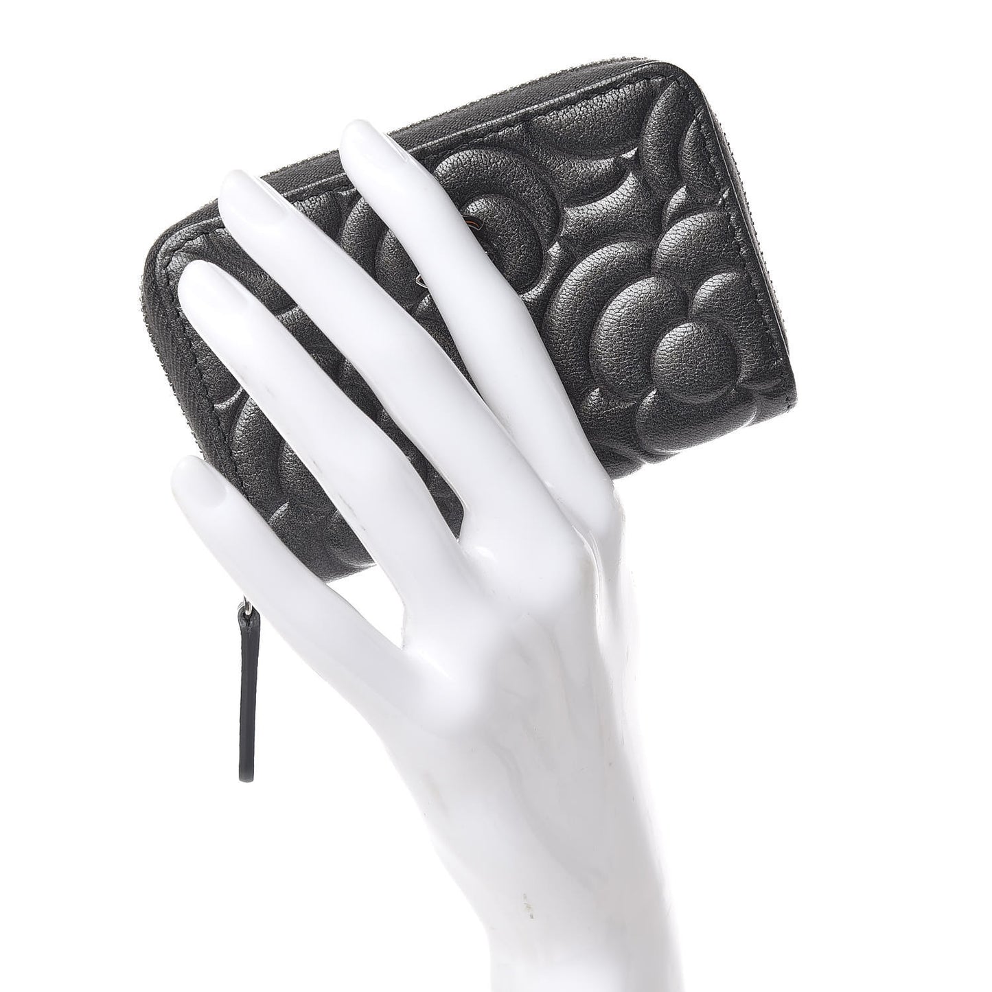 Goatskin Camellia Embossed Zip Coin Purse Anthracite