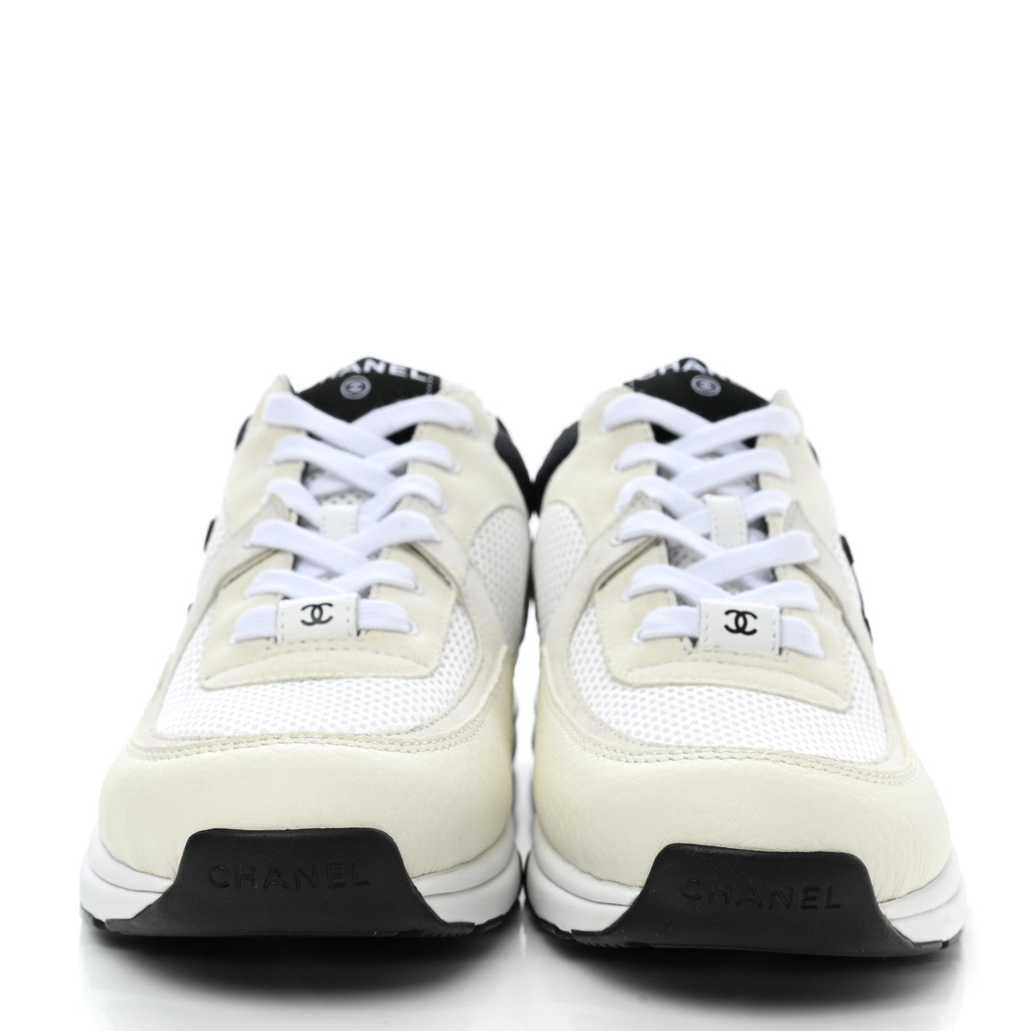 Chanel Mesh Suede Calfskin Grained Calfskin Womens CC Sneakers 40.5 White Black 2 of 8