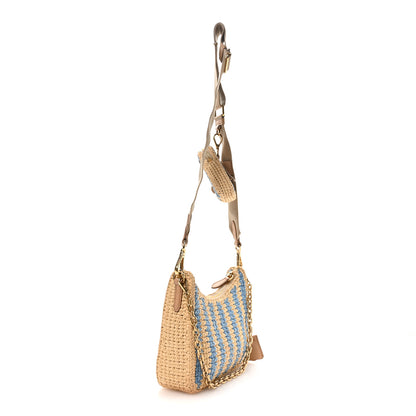 Prada Yarn Raffia Effect Crochet Striped Re-Edition 2005 Shoulder Bag Naturale Celeste 3 of 11