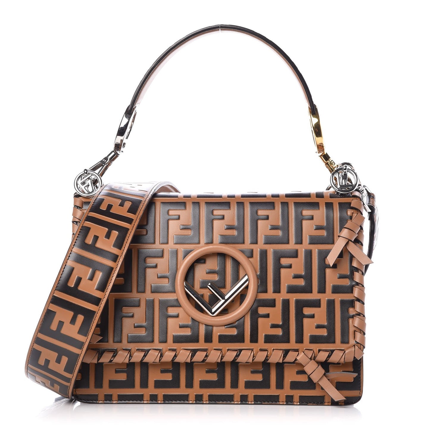 Vitello Century F is Fendi Whipstitch Threads FF Embossed Kan I Shoulder Bag Tobacco Orzo
