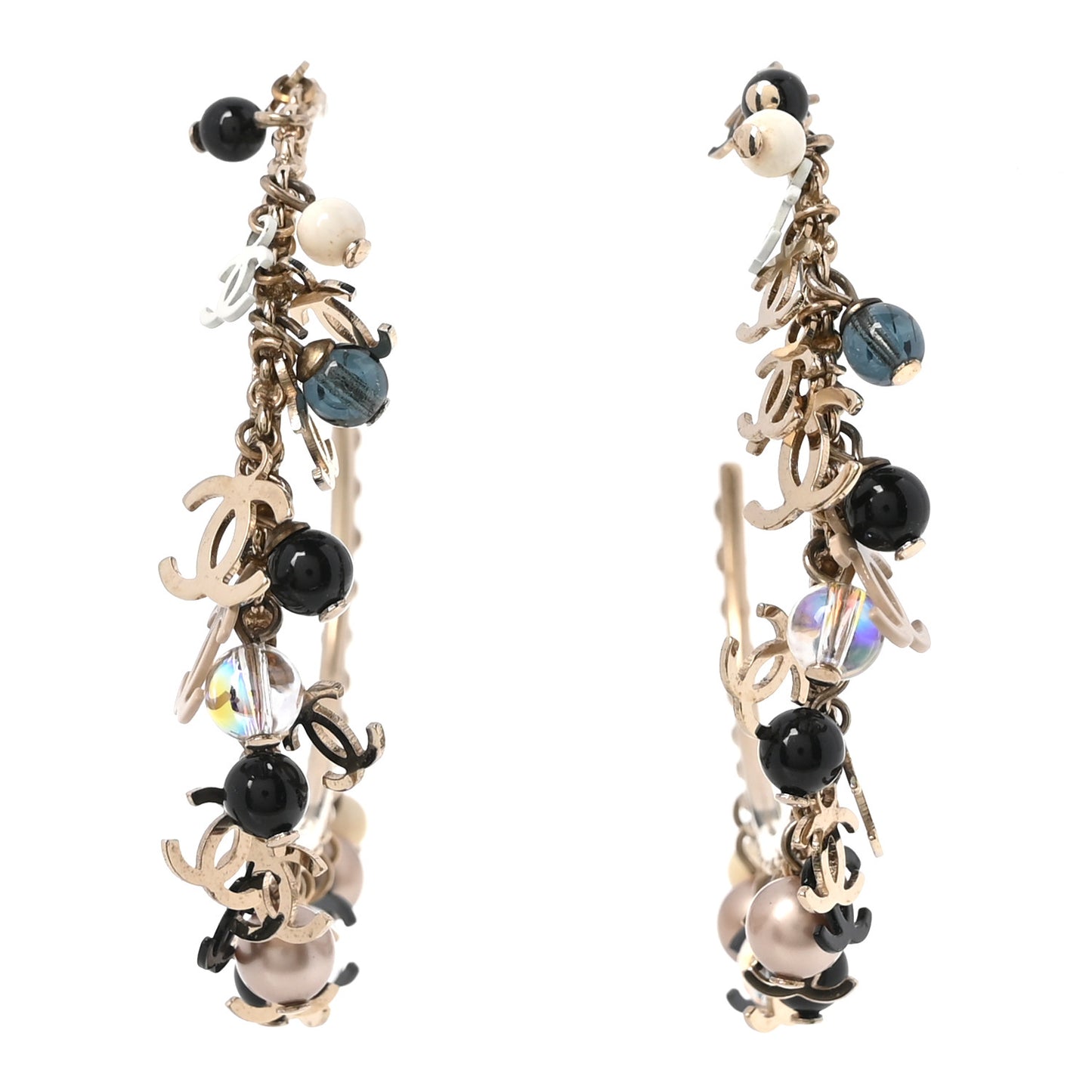Crystal Bead CC Charm Hoop Earrings Black Gold Multicolor