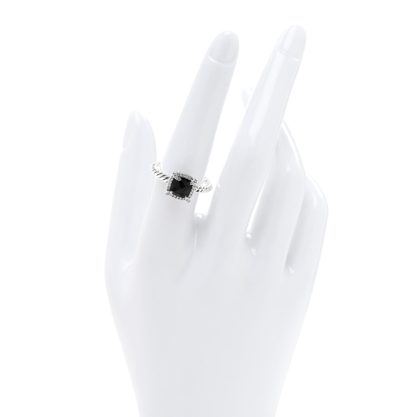 Sterling Silver Diamond Black Onyx 7mm Petite Chatelaine Pave Bezel Ring 56 7.75