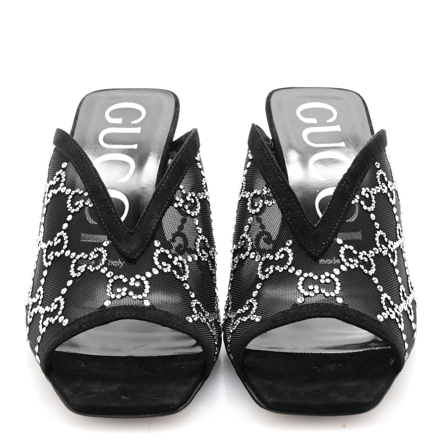 Gucci Tela Retino Kid Scamosciato Crystal GG Monogram Square G 95mm Slide Sandals 37.5 Black 3 of 9
