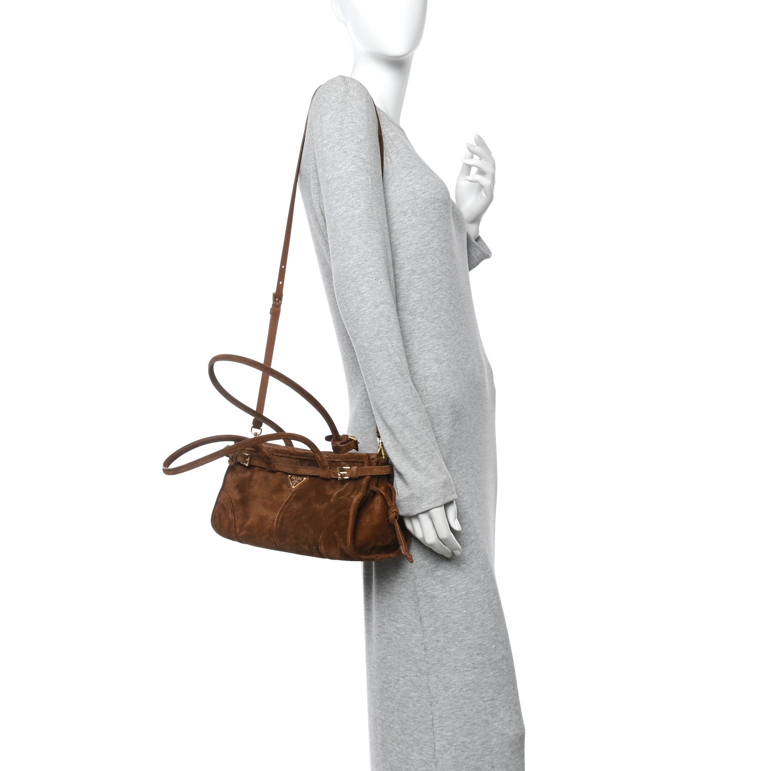Prada Suede Triangle Medium Bonnie Shoulder Bag Cacao 2 of 9
