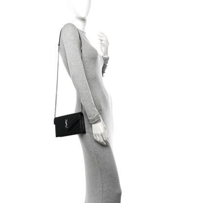 Saint Laurent Grain De Poudre Matelasse Chevron Monogram Envelope Chain Wallet Black 2 of 11