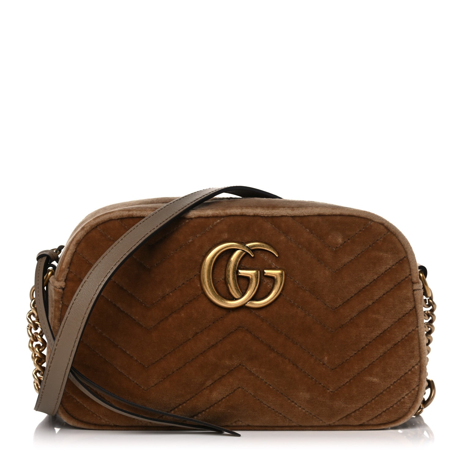 Gucci Velvet Matelasse Small GG Marmont Chain Shoulder Bag Taupe 1 of 12