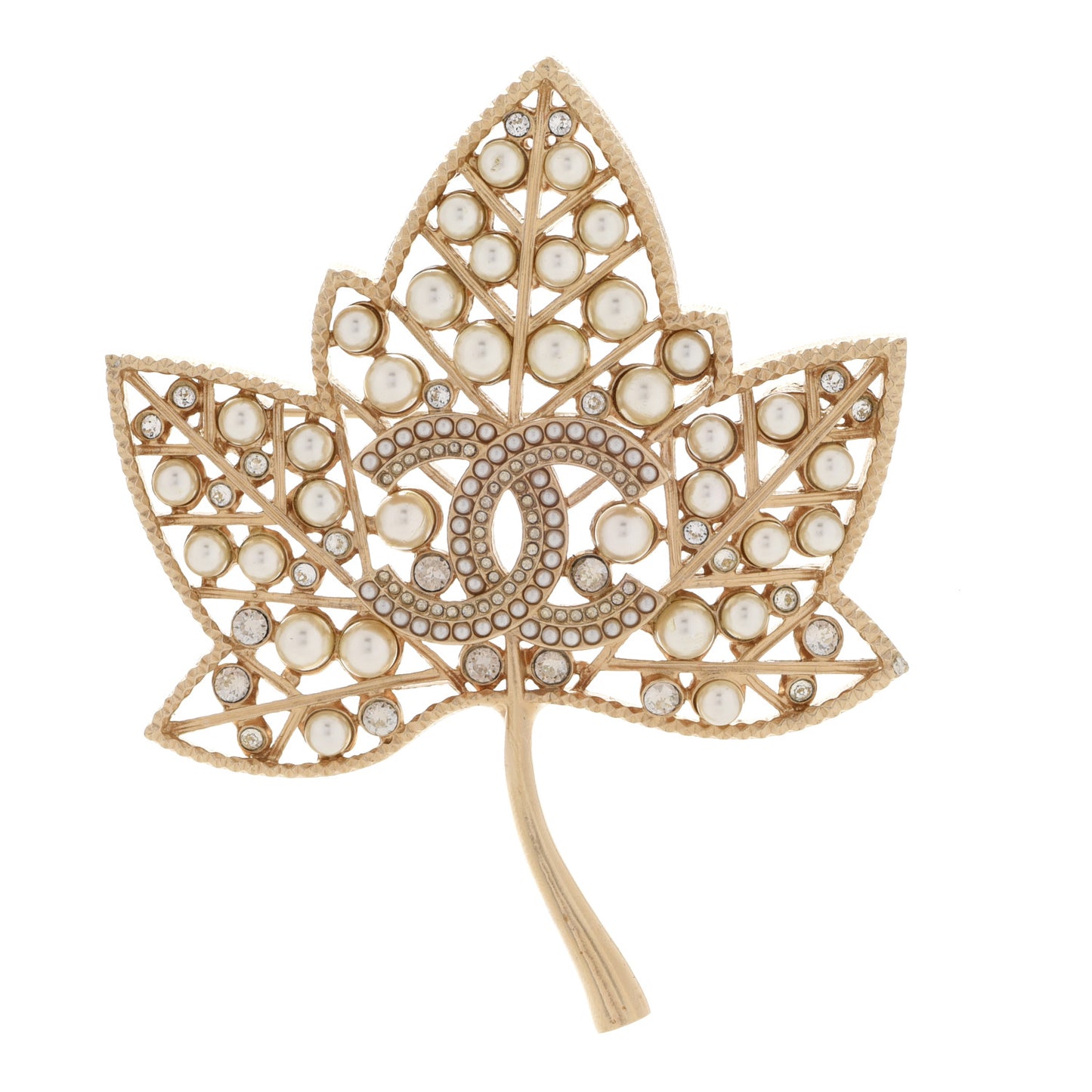 Pearl Crystal CC Leaf Brooch Gold